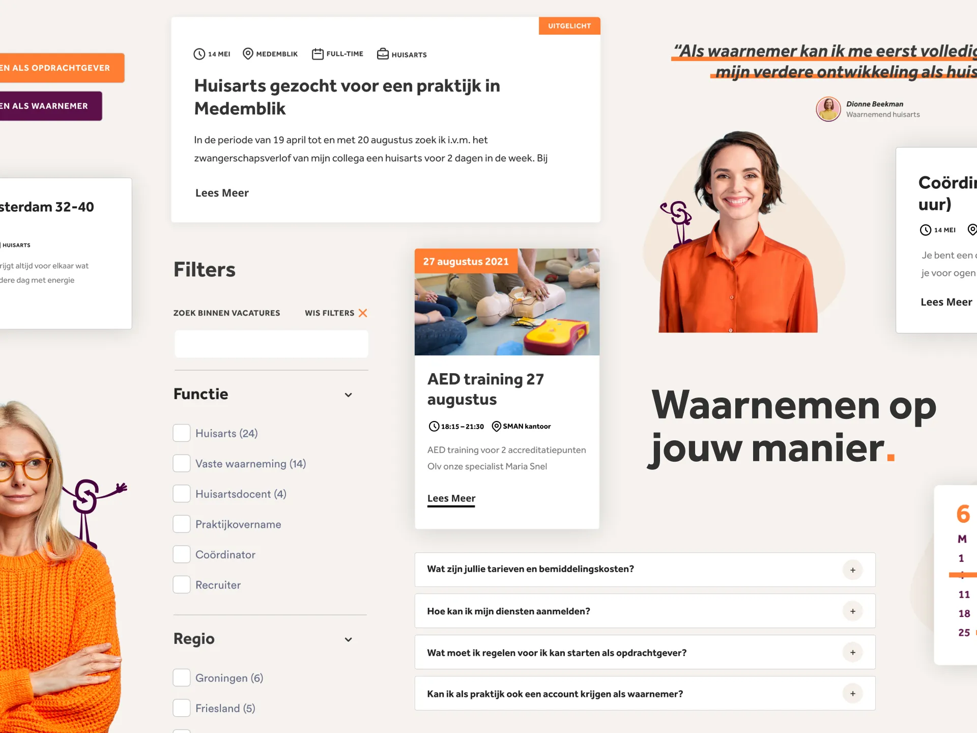 Design kit with several UI elements mixed with photography of women in orange clothing